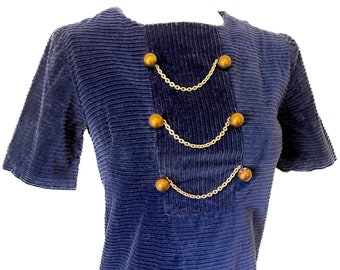 Vintage 1960’s mod navy blue corduroy handmade A-line empire dress S 6/7