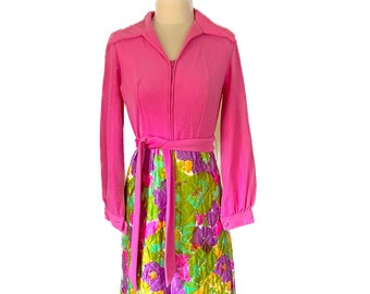 Vintage 1960's mod era pink velour & floral quilted loungewear robe dress