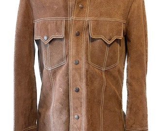 Jaqueta vintage masculina de camurça marrom dos anos 1970 ou unissex S M