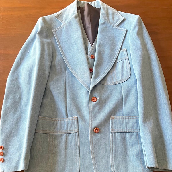 Vintage 1970's blue denim Sears Put on Shop for the TEEN male blazer & vest 33" chest