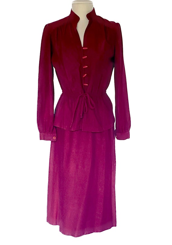 Vintage 1970's Gunne Sax era burgundy velour 2-piece suit skirt blouse M