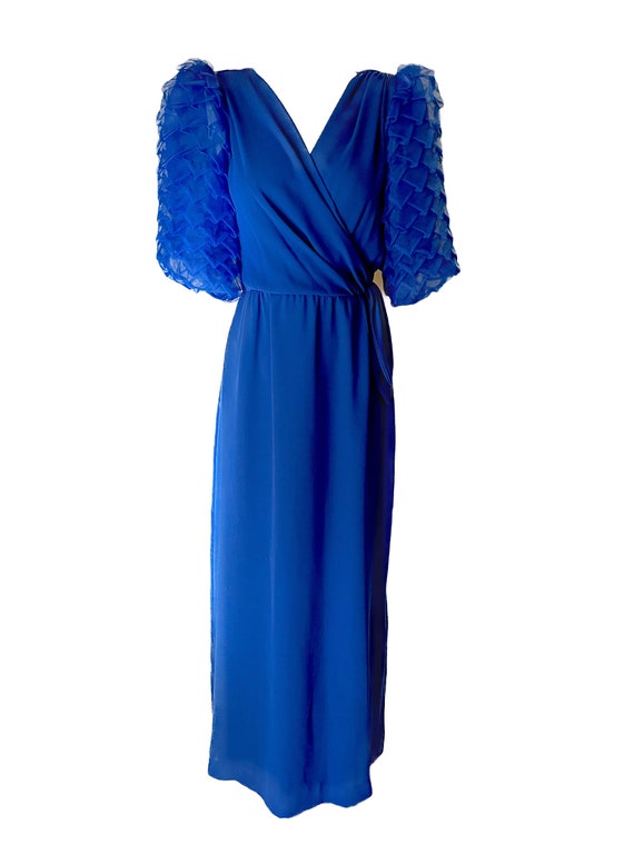 Vintage 1970's blue chiffon designer Miss Ellliette dress puff sleeves M