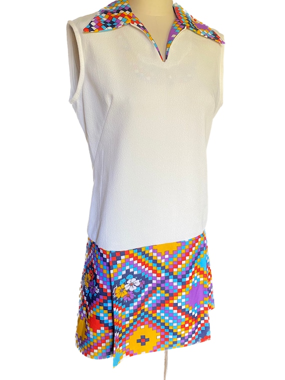 Vintage 1960's mod era sleeveless polyester skort shorts romper dress L XL