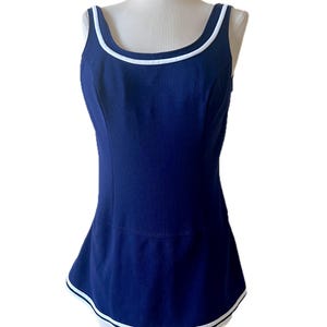 Vintage 1960&#39;s navy blue & white one piece pin-up hipster retro swimsuit bathing suit 10 M