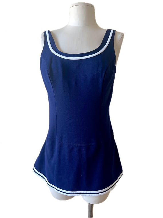 Vintage 1960's navy blue & white one piece pin-up hipster retro swimsuit bathing suit 10 M