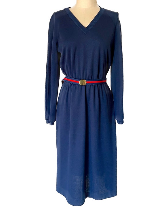 Vintage 1970's 80's Straight Lane navy blue wool blend belted dress L