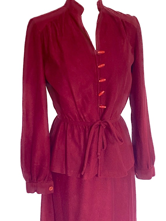 Vintage 1970's Gunne Sax era burgundy velour 2-piece suit skirt blouse M