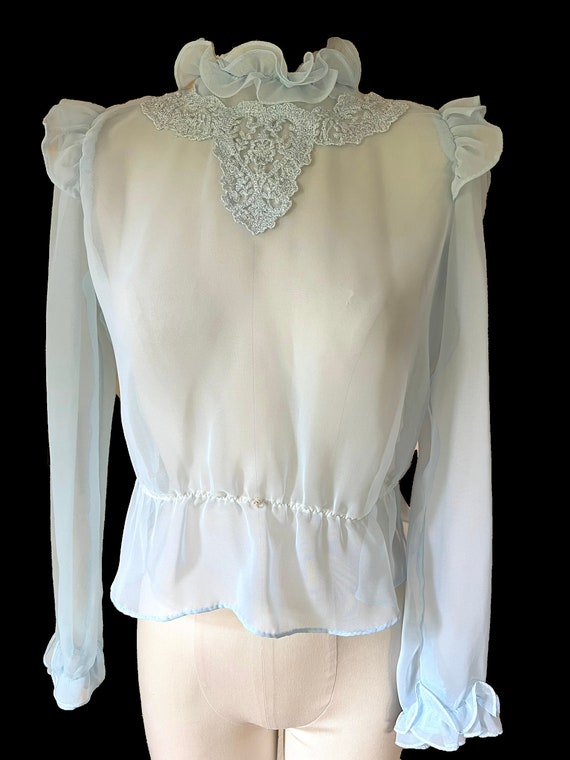 Vintage 1970's blue sheer victorian revival blouse shirt S/M