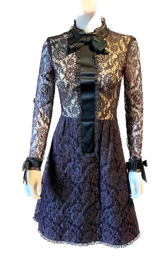 Vintage 1960’s couture designer Geoffrey Beene boutique black lace gothic A-line dress S
