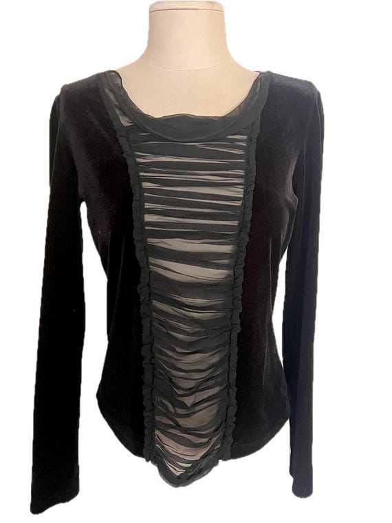 PAGE Vintage Y2K era black velvet and sheer sexy goth shirt L