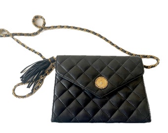 Vintage 1980's designer PIERRE BALMAIN black leather quilted chain purse