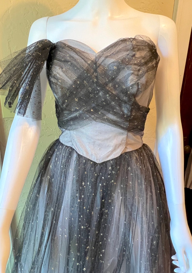 Vintage 1950's strapless tulle Marshall Field black gray prom dress S image 4