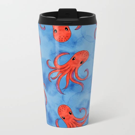 Blue Travel Mug Metal Coffee Travel Mug Orange Octopus Etsy