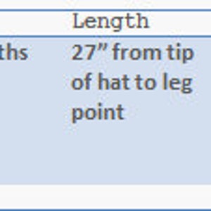 May include: A table showing the size, length, and width of a product. The size is 0 to 3 months. The length is 27 inches from the tip of the hat to the leg point. The width is 27 inches from the arm tip to the arm tip.
