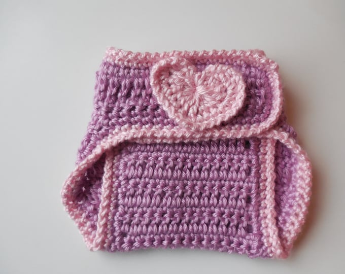 Purple Diaper Cover - with Pink Hearts - Baby - 0 to 3 Months - Handmade Crochet - Ready to Ship