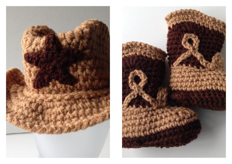 Cowboy Baby Hat and Booties Handmade Crochet Made to Order Brown Cowboy Hat and Cowboy Boots Set