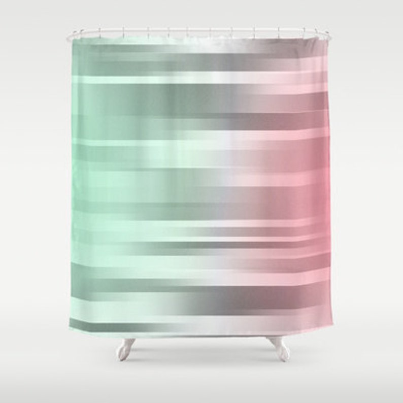 Mint Gray Coral Shower Curtain Green Grey Pink Bathroom Etsy