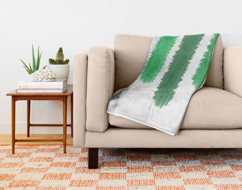 Green and White Soft Fleece Throw Blanket Striped Bedding Etsy