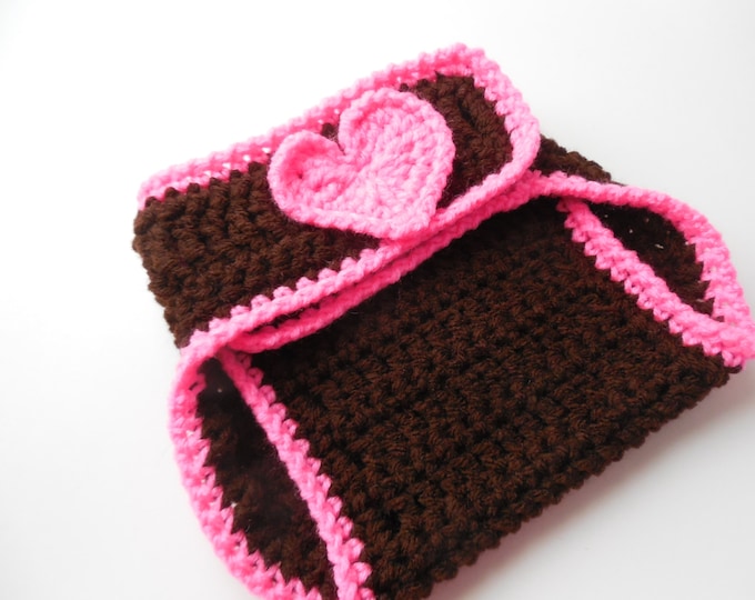 Girl Football Baby Diaper Cover - Brown and Hot Pink - Handmade Crochet - Ready to Ship