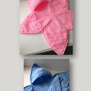 May include: Two crocheted baby bunting blankets in the shape of a star. One is pink and the other is blue. Both have a hood and buttons.