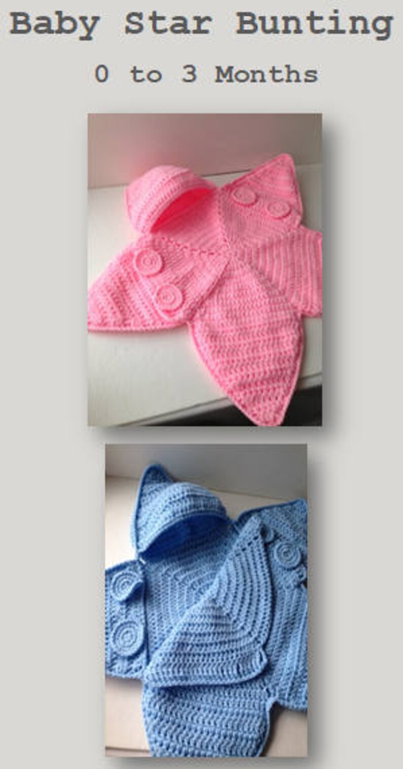 May include: Two crocheted baby bunting blankets in the shape of a star. One is pink and the other is blue. Both have a hood and buttons.
