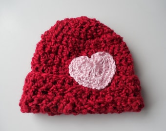 Red Baby Beanie with heart - Baby Beanie - Baby Girl Beanie Hat - Handmade Crochet - Ready to Ship