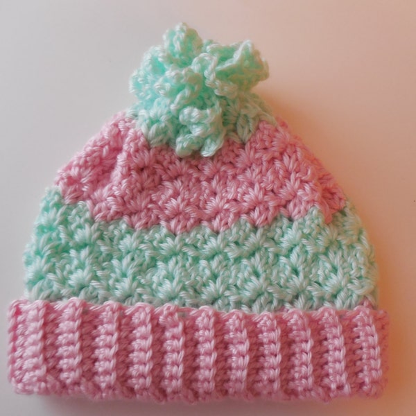 Baby Hat - Pink and Mint Green - Winter Hat - Handmade Crochet - Ready to Ship