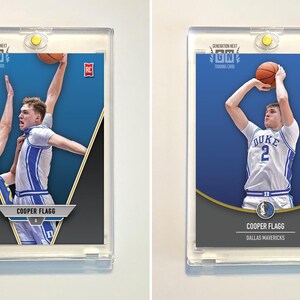 May include: Two trading cards encased in clear plastic. One card features Cooper Flagg in a basketball uniform, the other shows him shooting a basketball. Both cards have a blue background and the text "GENERATION NEXT ON TRADING CARD".