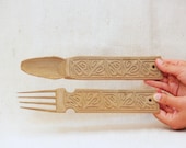Vintage Hand Carved Wood Fork and Knife
