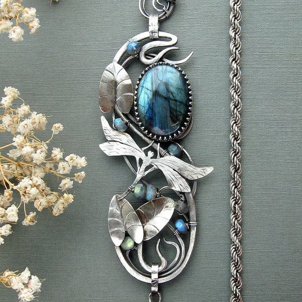 Art nouveau silver brooch labradorite heirloom necklace with dragonfly lily leaves on silver chain