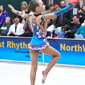 May include: A young gymnast in a blue and purple leotard with floral accents and a pink ball. The leotard has sheer sleeves and is adorned with rhinestones. The gymnast is mid-routine, with arms outstretched and one leg extended.