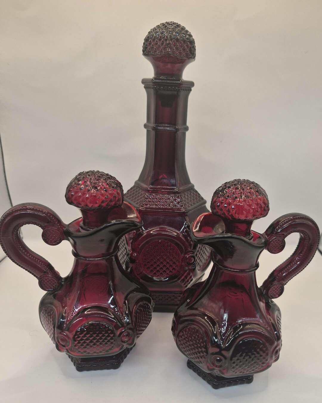 Vintage Avon Ruby Red Glass Decanter Cruet Set: 1876 Cape Cod ...