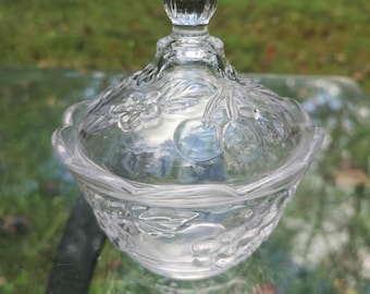 Vintage Clear Glass Candy Dish with Lid Raised Floral Mid Century Table Decor