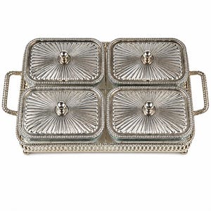 May include: A rectangular silver-toned metal serving tray featuring four clear glass rectangular containers. Each container has a matching silver-toned lid with a sunburst pattern and a central knob handle. The tray has side handles and a beaded rim.