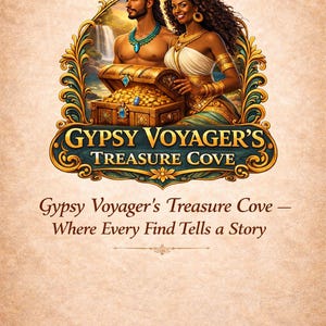 May include: An illustration featuring a man and woman with a treasure chest. The image has the text "GYPSY VOYAGER'S TREASURE COVE" and "Gypsy Voyager's Treasure Cove - Where Every Find Tells a Story". The color palette includes gold, teal, and brown.