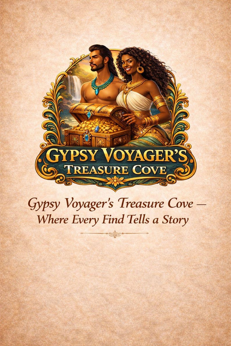 May include: An illustration featuring a man and woman with a treasure chest. The image has the text "GYPSY VOYAGER'S TREASURE COVE" and "Gypsy Voyager's Treasure Cove - Where Every Find Tells a Story". The color palette includes gold, teal, and brown.