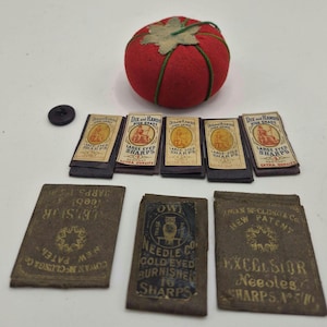 Antique Sewing Needle Packet Lot Excelsior Dix Rands Owl Full Set Vintage Pincushion Casein Button Curated Collection