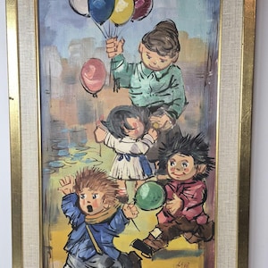 May include: A framed painting depicts four children with balloons. One child holds a bunch of balloons, while the others hold individual balloons. The artwork uses a vibrant color palette and a whimsical style, evoking a sense of joy and play.