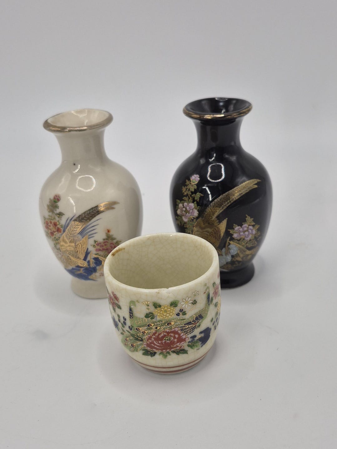 Vintage Japanese Hand Painted Porcelain Vase Set With Crackle Glaze and ...