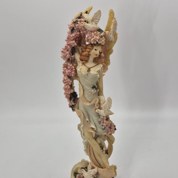 Vintage Art Nouveau Fairy Figurine with Birds, Hand-Painted Romantic Statue (14-15 Inch)