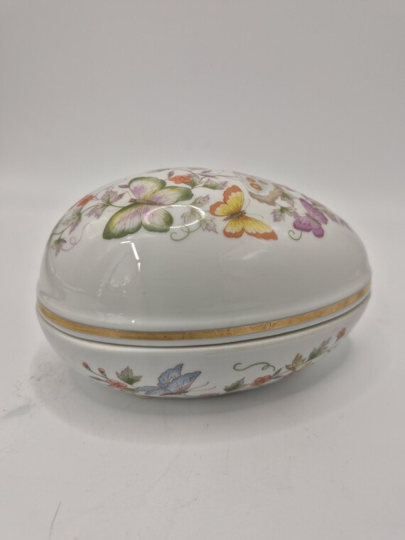 Vintage Avon Egg Trinket Box: Butterfly Floral Porcelain Jewelry Keepsake