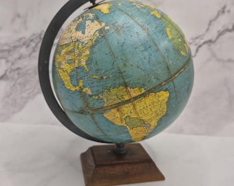 Antique 1930s Weber Costello New Peerless 6-Inch Globe Wood Base Time Dial Aviation Routes Chicago USA
