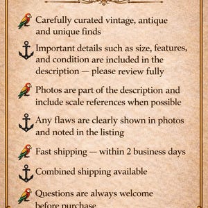 May include: A framed sign with the text "What to Expect" and bullet points describing the shop's offerings. The sign is in a decorative frame with a tan background and ornate gold trim. The text includes details about vintage finds.
