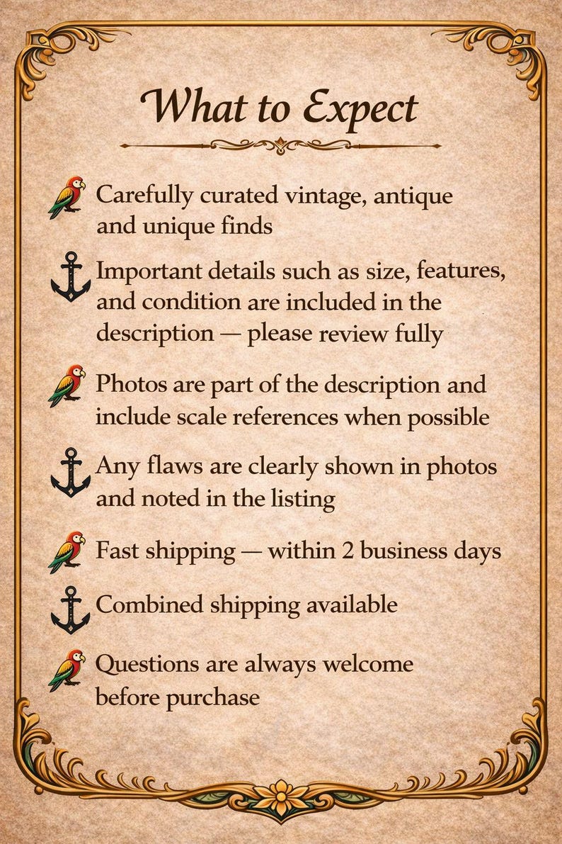 May include: A framed sign with the text "What to Expect" and bullet points describing the shop's offerings. The sign is in a decorative frame with a tan background and ornate gold trim. The text includes details about vintage finds.