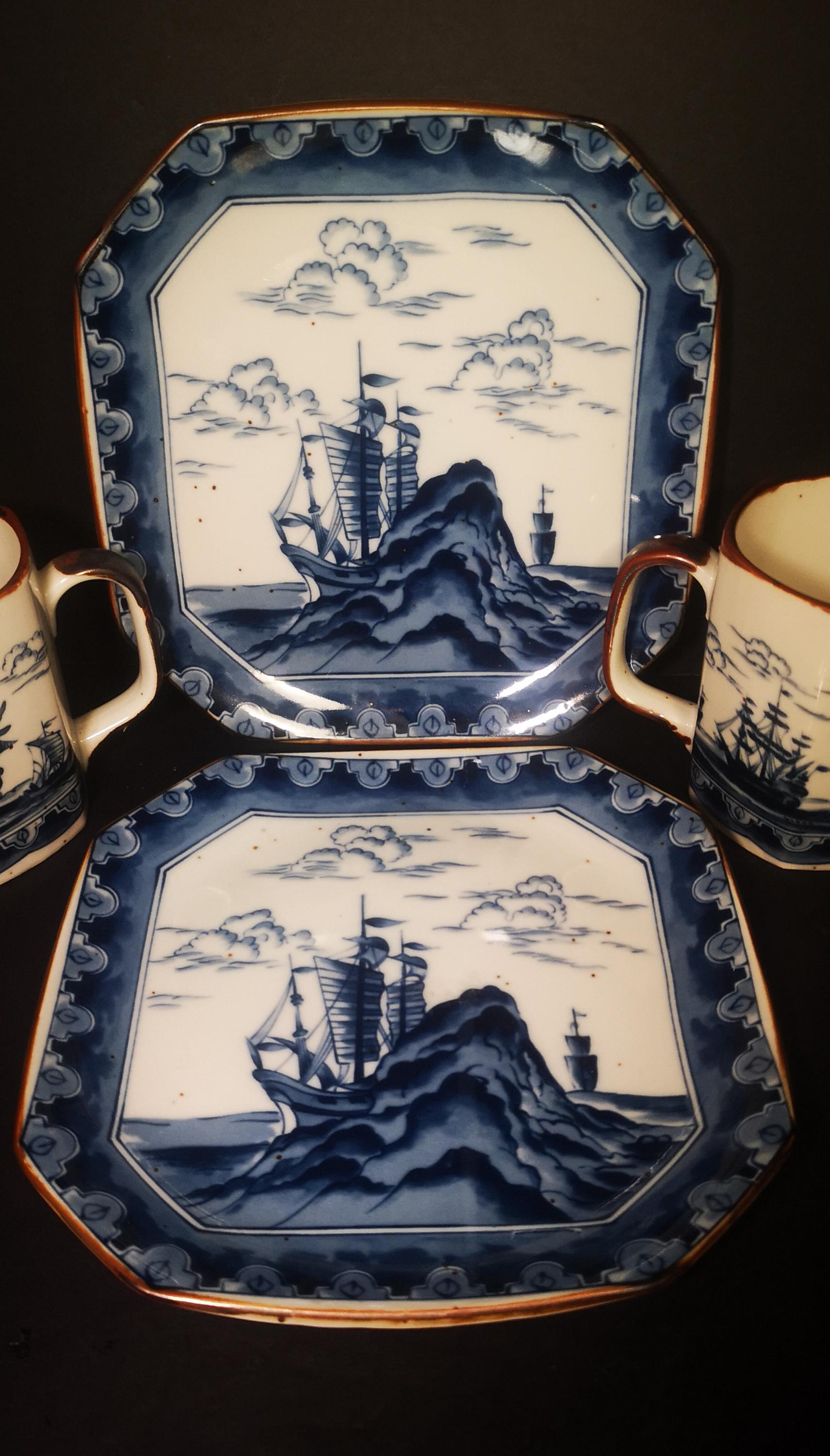 Andrea by Sadek Blue White Clipper Ship Octagon Coffee Cups