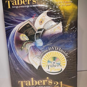 May include: A box for Taber's Cyclopedic Medical Dictionary 21st Edition, thumb-indexed version. The box features a blue and yellow design with a DVD inside. The text on the box reads "Taber's brings meanings to life" and "Bonus DVD Inside! Taber's Plus".