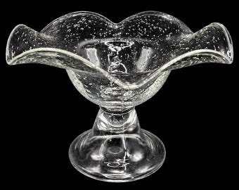 Vintage Hand Blown Bubble Glass Pedestal Compote Bowl Ruffled Rim Clear Art Glass Centerpiece Fruit Display