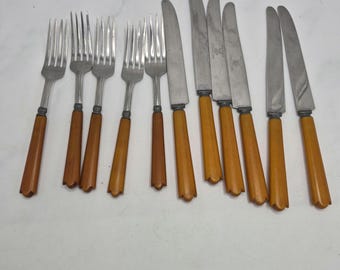 Vintage 1940s Firth Stainless USA Butterscotch Bakelite Flatware Service for 4 Forks Knives Replacement Pieces