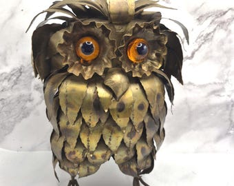 Vintage 1970s Brutalist Metal Owl Sculpture Torch-Cut Brass Copper Lucite Eyes Curtis Jere Era MCM Table Decor