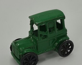 Vintage Mini Cast Metal Model T Car Green Penny Toy Putz Village Accessory Early Automobile Miniature 1940s